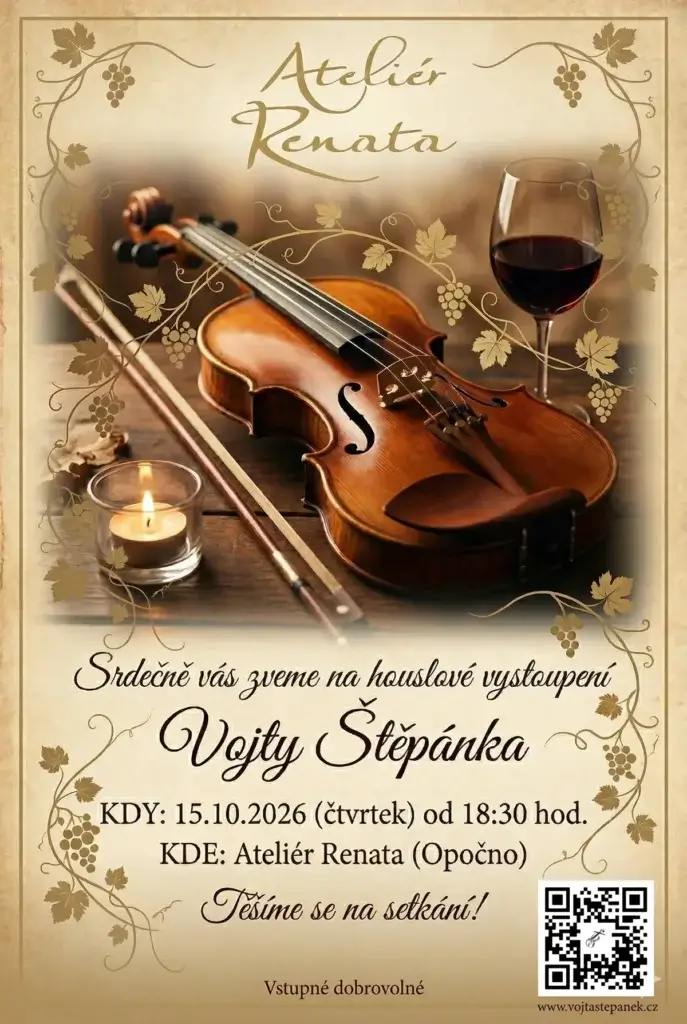 Houslové vystoupení Vojty Štěpánka v Ateliéru Renata v Opočně můžete navštívit ve čtvrtek 15. října 2026 od 18:30 hodin.

Přijďte si dát sklenku, posedět a užít si příjemný hudební podvečer. Těšíme se na setkání.