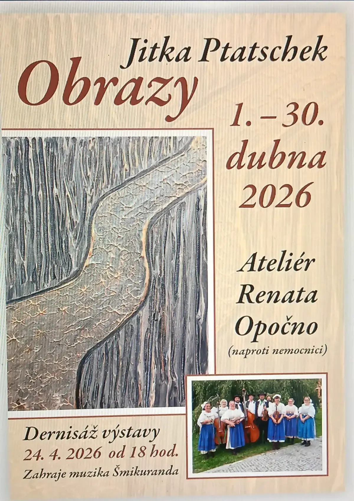 Ve dnech 1. - 30. dubna 2026 můžete v Ateliéru Renata v Opočně vždy v provozní době navštívit výstavu obrazů Jitky Ptatschek - Obrazy.